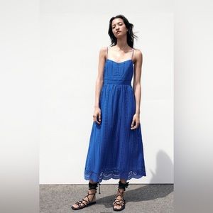 Zara openwork embroidered cotton midi long strap dress royal blue M